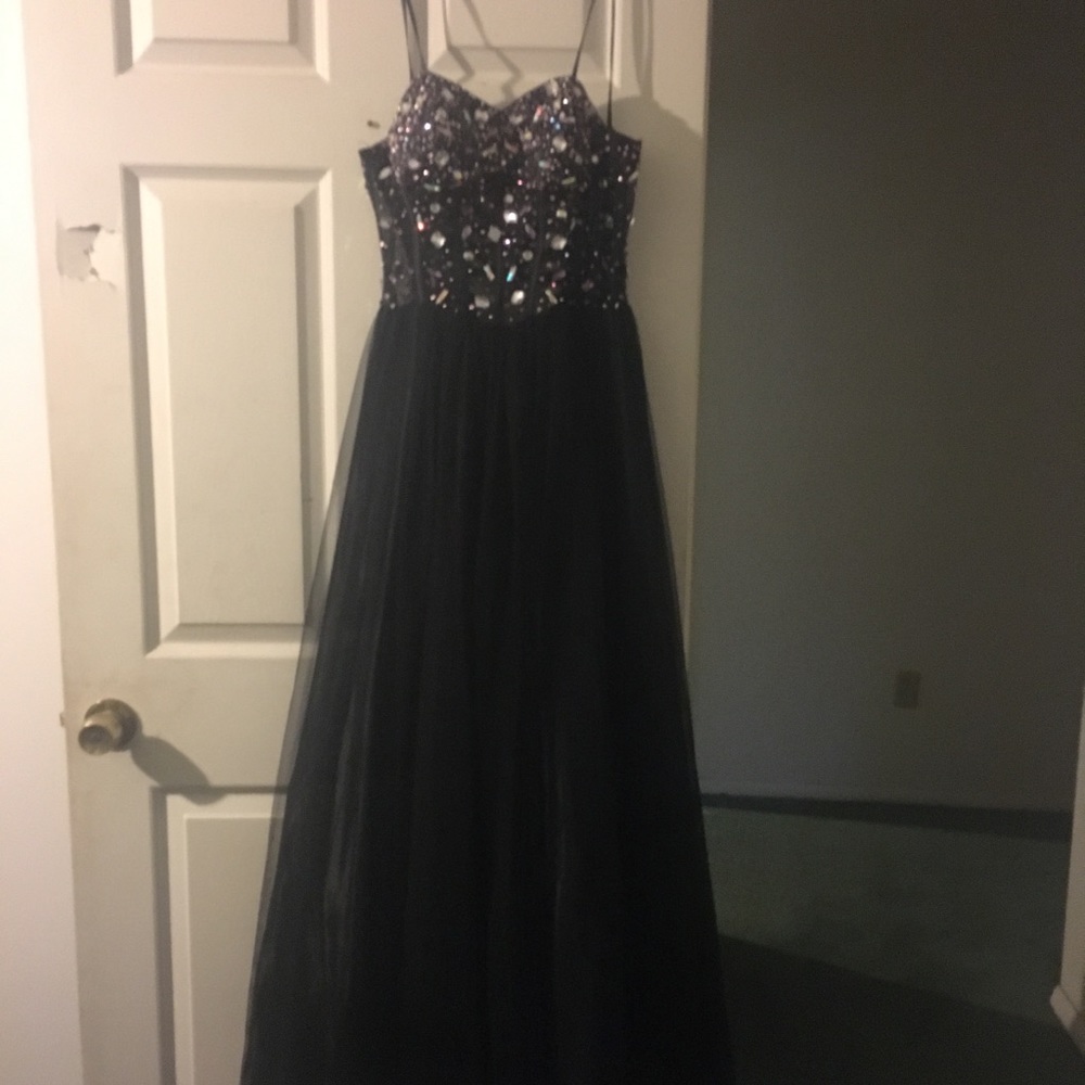 Long black corset prom dress strapless